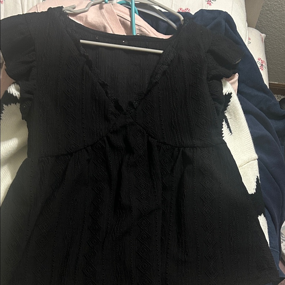 Black Textured Short Sleeve Top